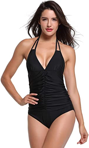 Upopby Backless Tummy Control Bathing Suits Plus Size One-Piece Swimsuit black