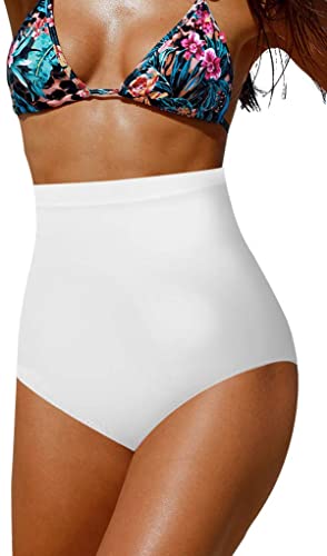 Upopby Women's High Waisted Swimsuit Bikini Bottoms Tummy Control white Tankini Bottoms
