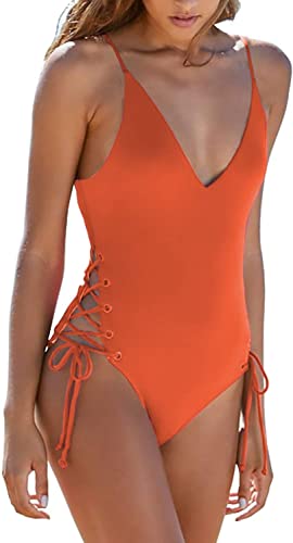 Upopby Women's Sexy One Piece Swimsuit Lace Cross Bandage Swimsuit orange