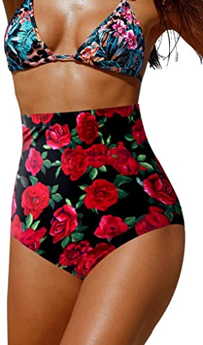 Upopby Women's High Waisted Swimsuit Bikini Bottoms Tummy Control Tankini Bottoms rose