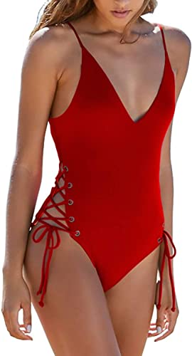 Upopby Women's Sexy One Piece Swimsuit Lace Cross Bandage Swimsuit red 