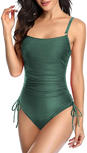 Upopby Belly Drawstring Side String One-Piece Tie Swimsuit green