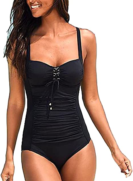 Upopby Belly Pleated One-piece Swimsuit Solid Suit black show