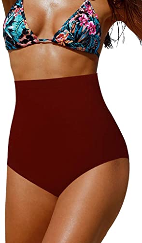 red Upopby Women's High Waisted Swimsuit Bikini Bottoms Tummy Control Tankini Bottoms