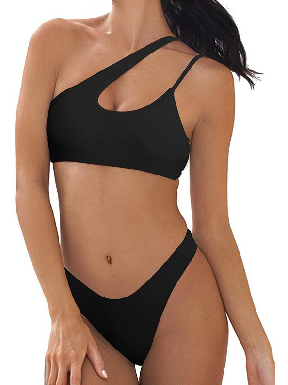 Upopby One Shoulder Bikini Set Swimsuit Black