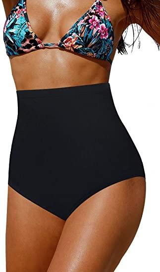 black Upopby Women's High Waisted Swimsuit Bikini Bottoms Tummy Control Tankini Bottoms