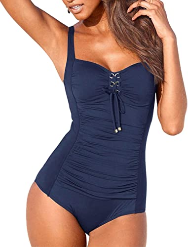 Upopby Belly Pleated One-piece Swimsuit Solid Suit navy blue