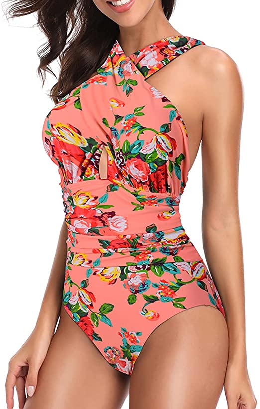 Upopby Fashion Cross Halter One-Piece Swimsuit Belly Control Swimsuit flower