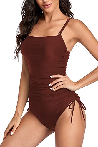 Upopby Belly Drawstring Side String One-Piece Tie Swimsuit red details