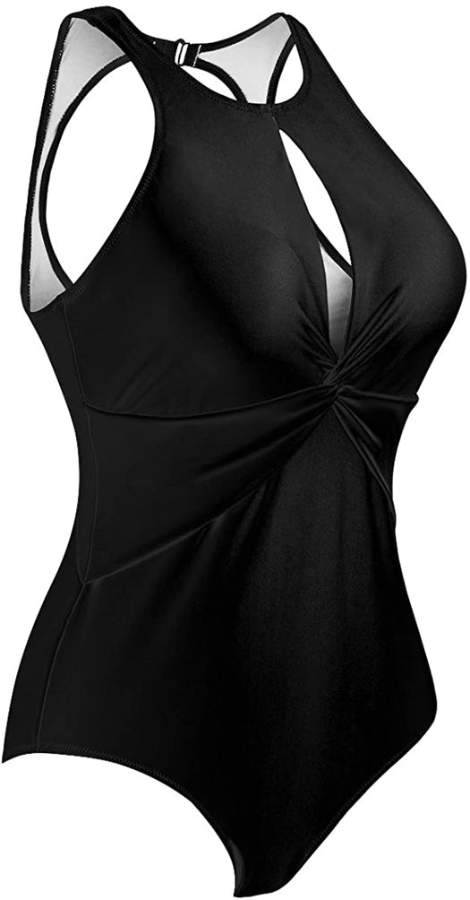 Upopby Women's High Neck Padded One-Piece Swimsuit black side details