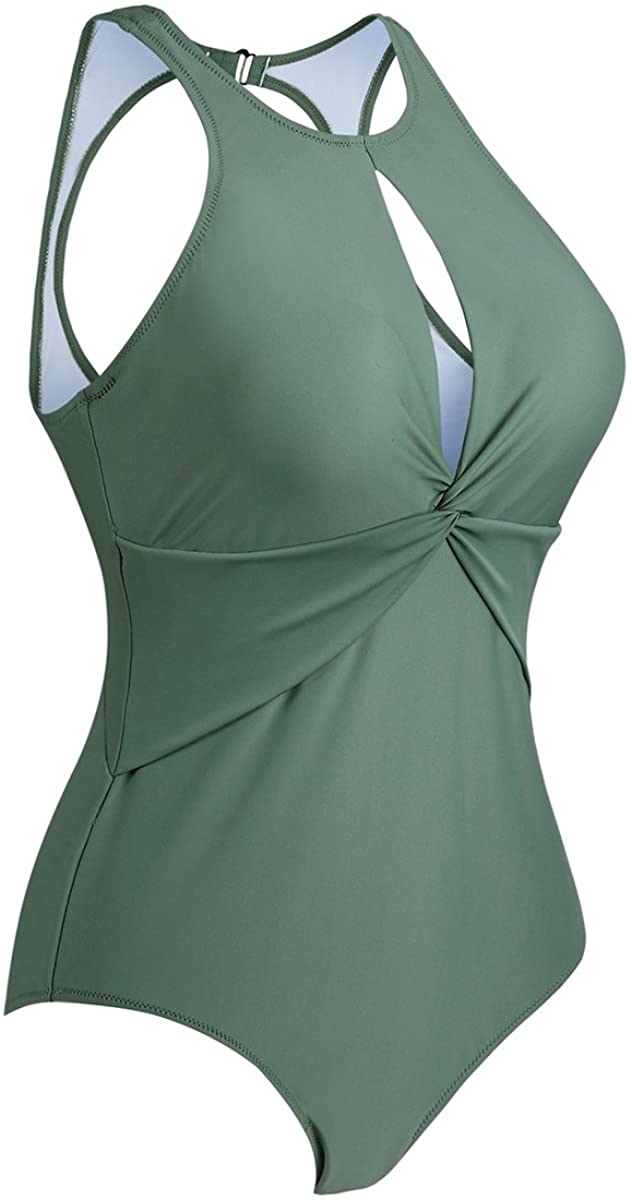 Upopby Women's High Neck Padded One-Piece Swimsuit green side details