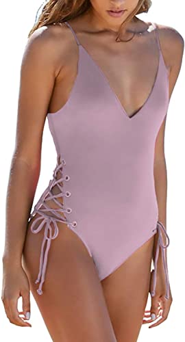 Upopby Women's Sexy One Piece Swimsuit Lace Cross Bandage Swimsuit purple