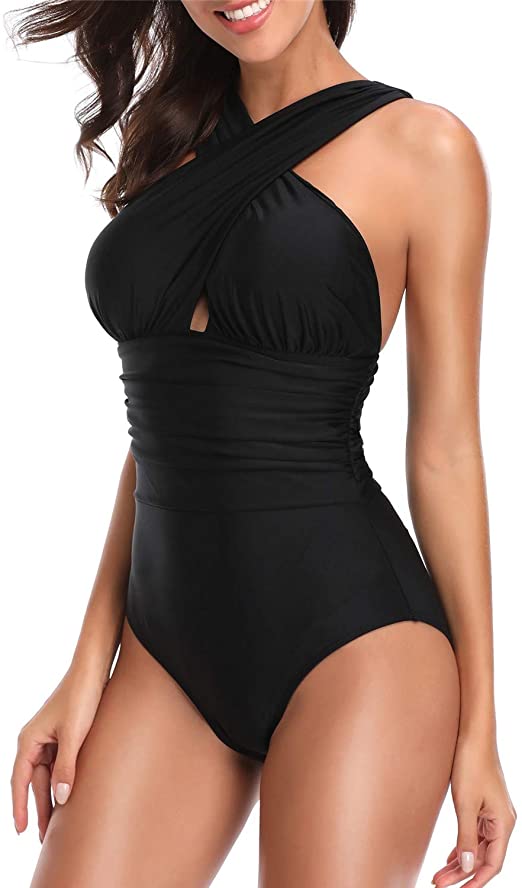 Upopby Fashion Cross Halter One-Piece Swimsuit Belly Control Swimsuit