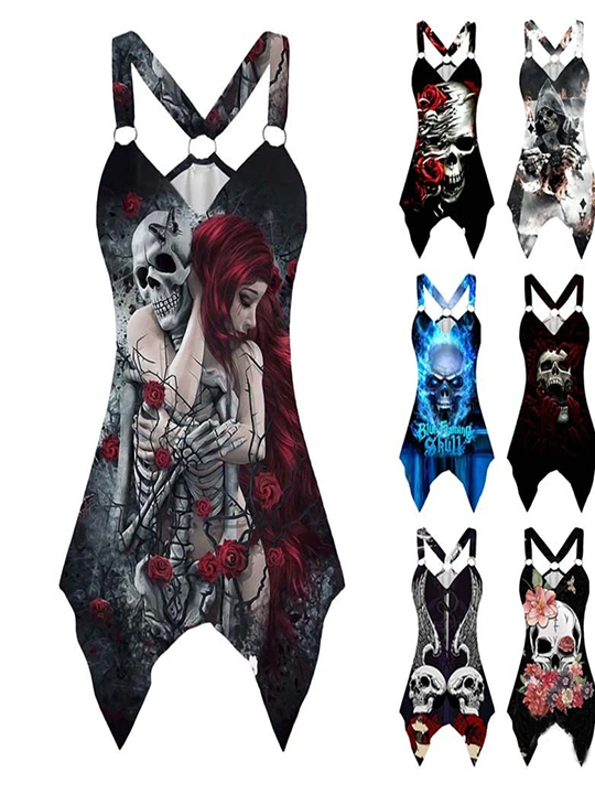 Upopby Long Skull Girl Print Sling Swimsuit Cover Up Beach Dress color choose