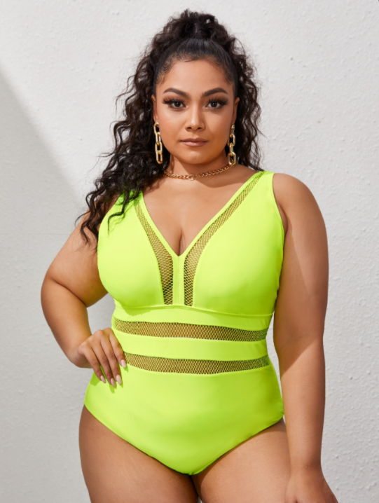 Fluorescent green Solid Translucent Hollow One-Piece Swimsuit