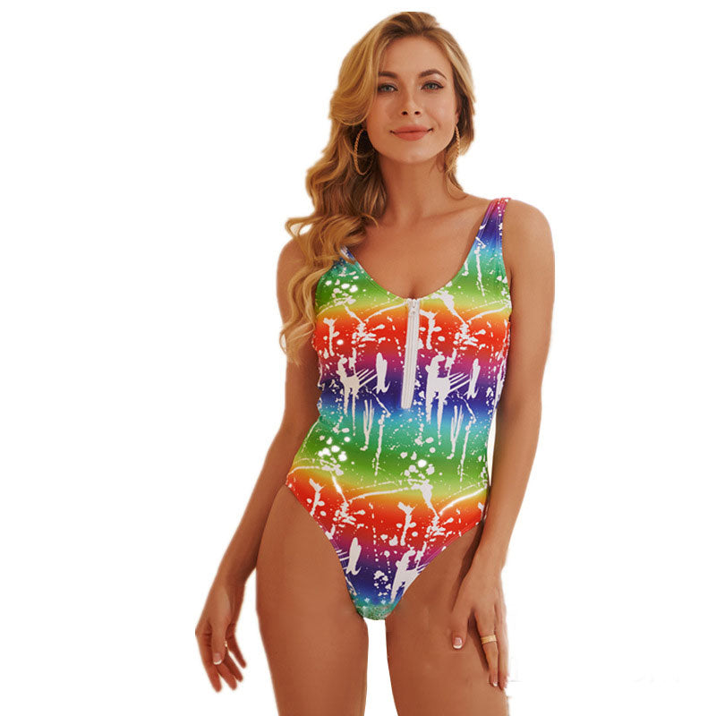 Upopby Printed Zip Backless One-Piece Swimsuit