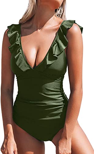 Upopby V-neck Ruffled Strappy Backless One-piece Swimsuit green