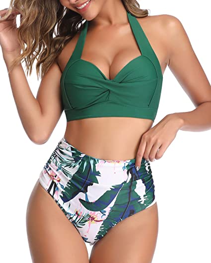 Upopby Retro Two-Piece Swimsuit Halter High Waist Bikini green