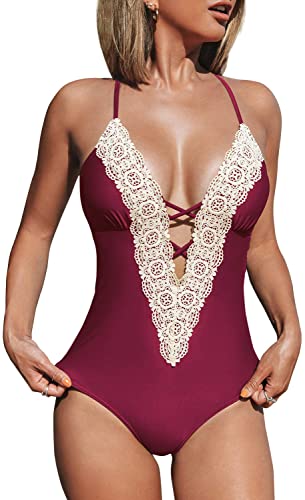 Upopby Deep V-Neck Retro Lace Fashion One-Piece Swimsuit red