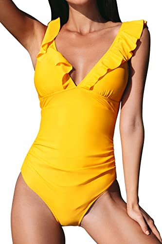 Upopby V-neck Ruffled Strappy Backless One-piece Swimsuit yellow