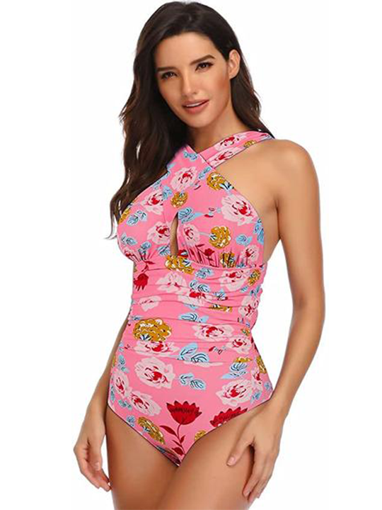 Upopby Fashion Cross Halter One-Piece Swimsuit Belly Control Swimsuit flower