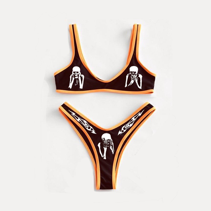 Upopby Orange Skull Reaper Print Bikini Set display
