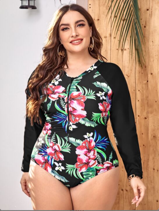 Upopby Long Sleeve Floral Print Zipper One-Piece Swimsuit Plus Size Swimsuit