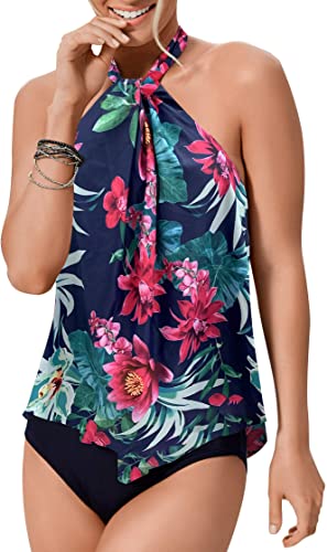 Upopby High Neck Strap Ruffled Backless Swimsuit flower
