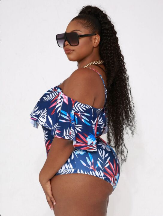 Cold Shoulder Swimsuit Plus Size Floral-Print Swimwear side view