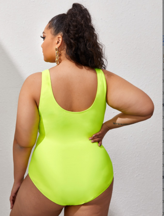 Fluorescent green Solid Translucent Hollow One-Piece Swimsuit back details