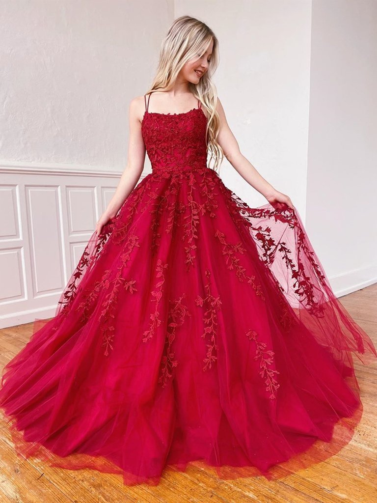 Elegant burgundy long lace ball gown