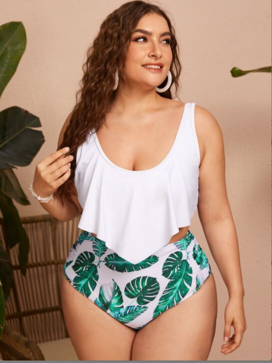 white & leaf printed ruffled bikini set high waist