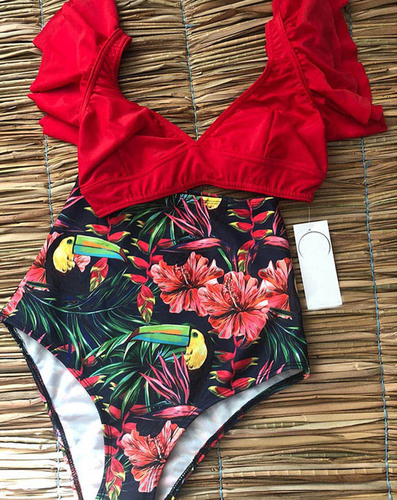 Upopby Floral Ruffled Short Sleeve Swimsuit High Waist Bikini Set