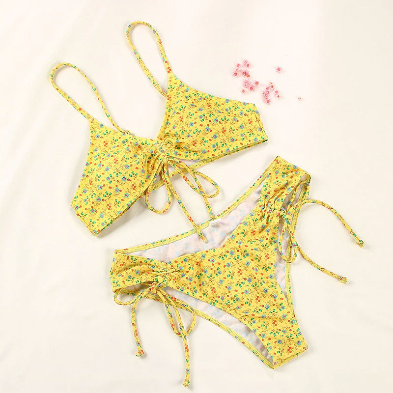 Upopby Floral Printed String Bikini High Cut Micro Thong Bikini Set