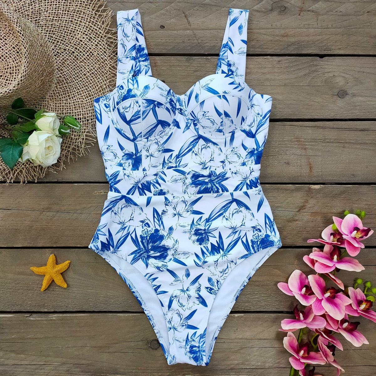 Upopby 2022 Sexy Floral / Leaf Printed One-Piece Swimsuit Belly Swimwear