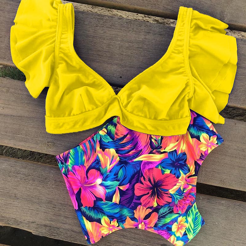 Upopby Floral Ruffled Short Sleeve Swimsuit High Waist Bikini Set