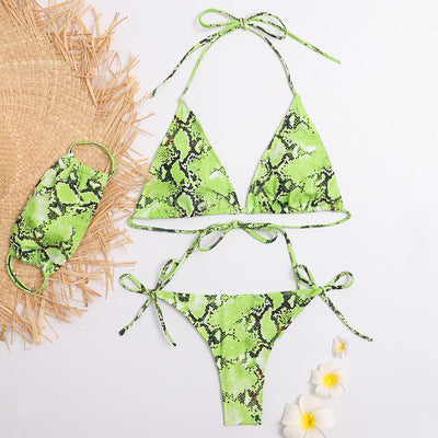 Triangle Bikini Snakeskin Print Sexy Swimsuit green