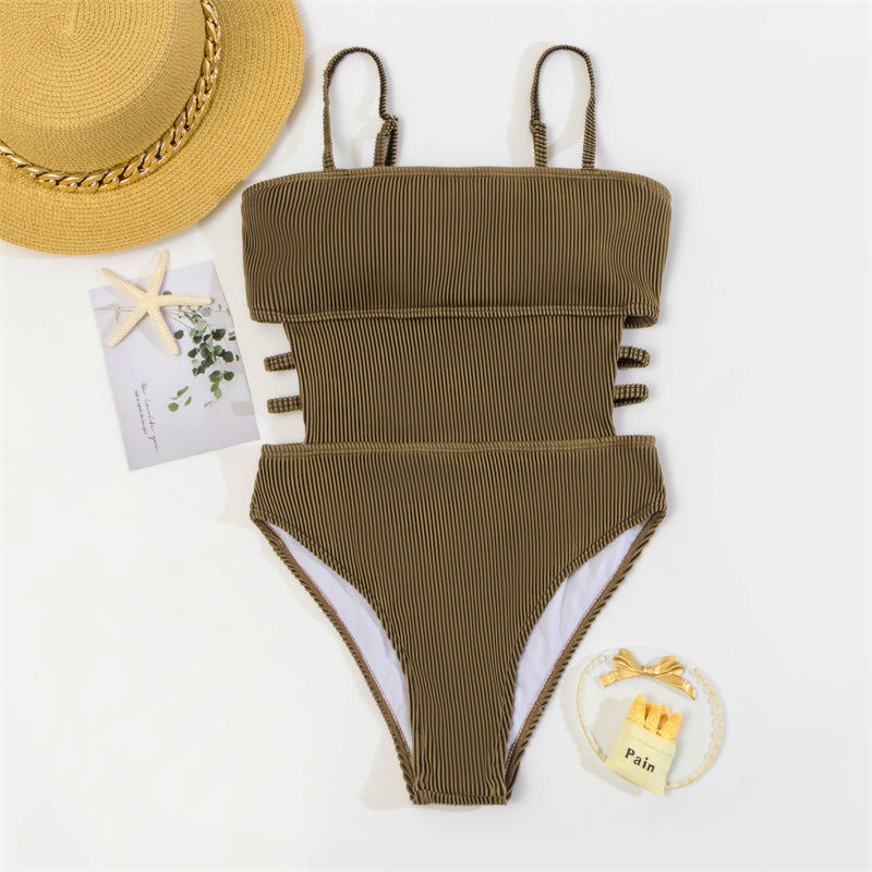 brown one-piece swimsuit
