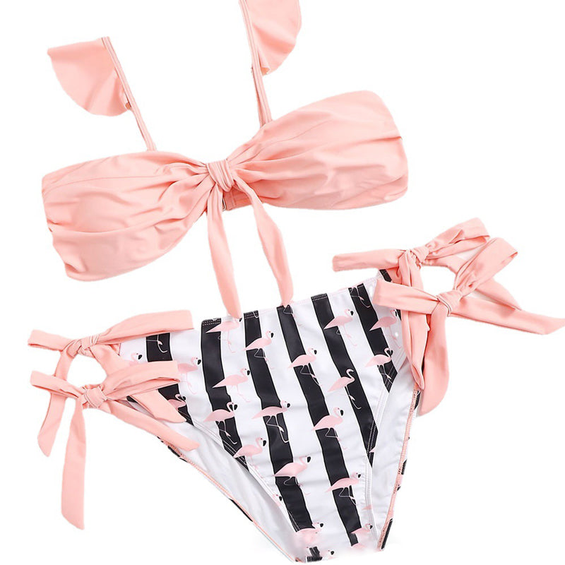 Upopby Sexy Bow Solid Pink Top & Striped Flamingo Print Bottom String Bikini overview