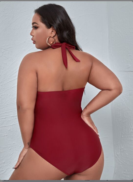 Red Pleated Halter One-Piece Slim Swimsuit Plus Size back details