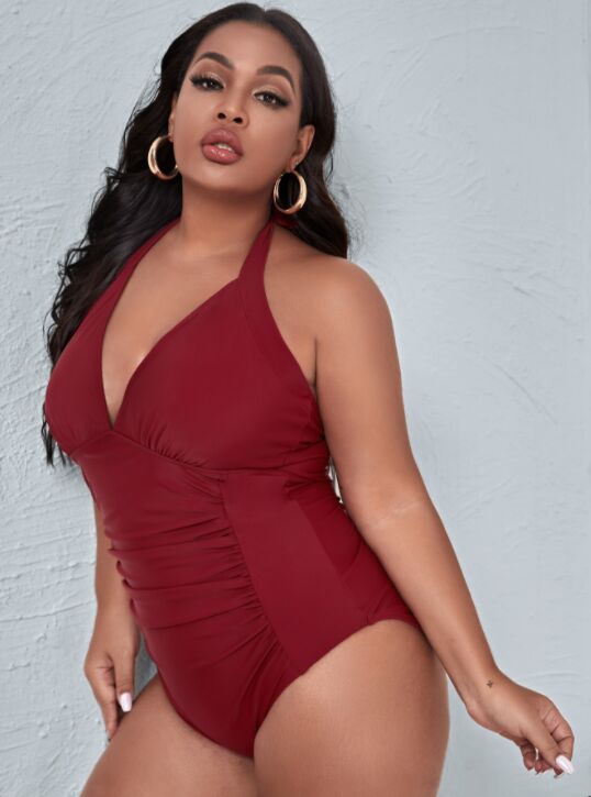 Red Pleated Halter One-Piece Slim Swimsuit Plus Size view