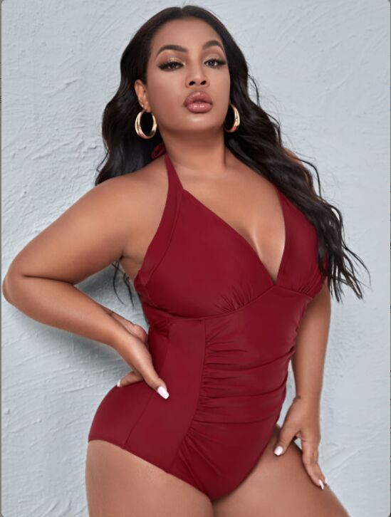 Red Pleated Halter One-Piece Slim Swimsuit Plus Size model