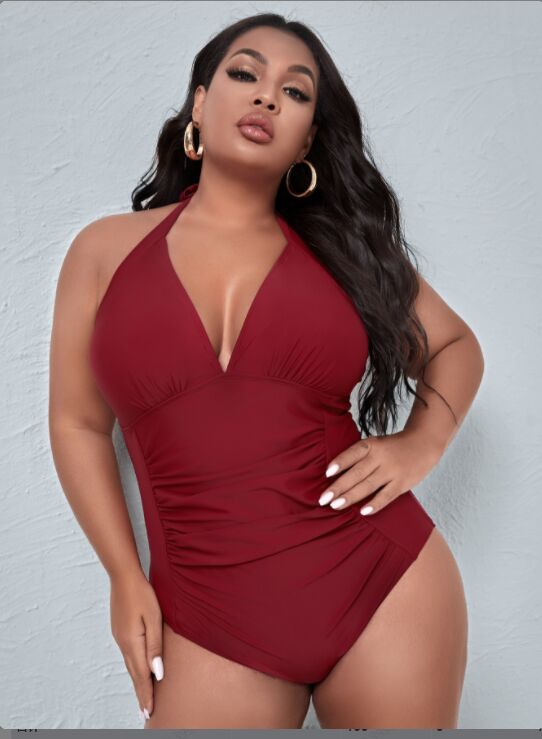 Red Pleated Halter One-Piece Slim Swimsuit Plus Size