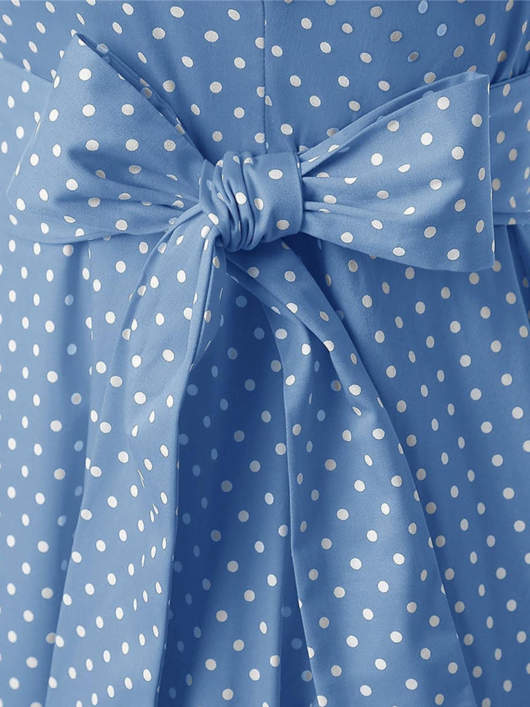 Robe trapèze bleue à pois des années 1950