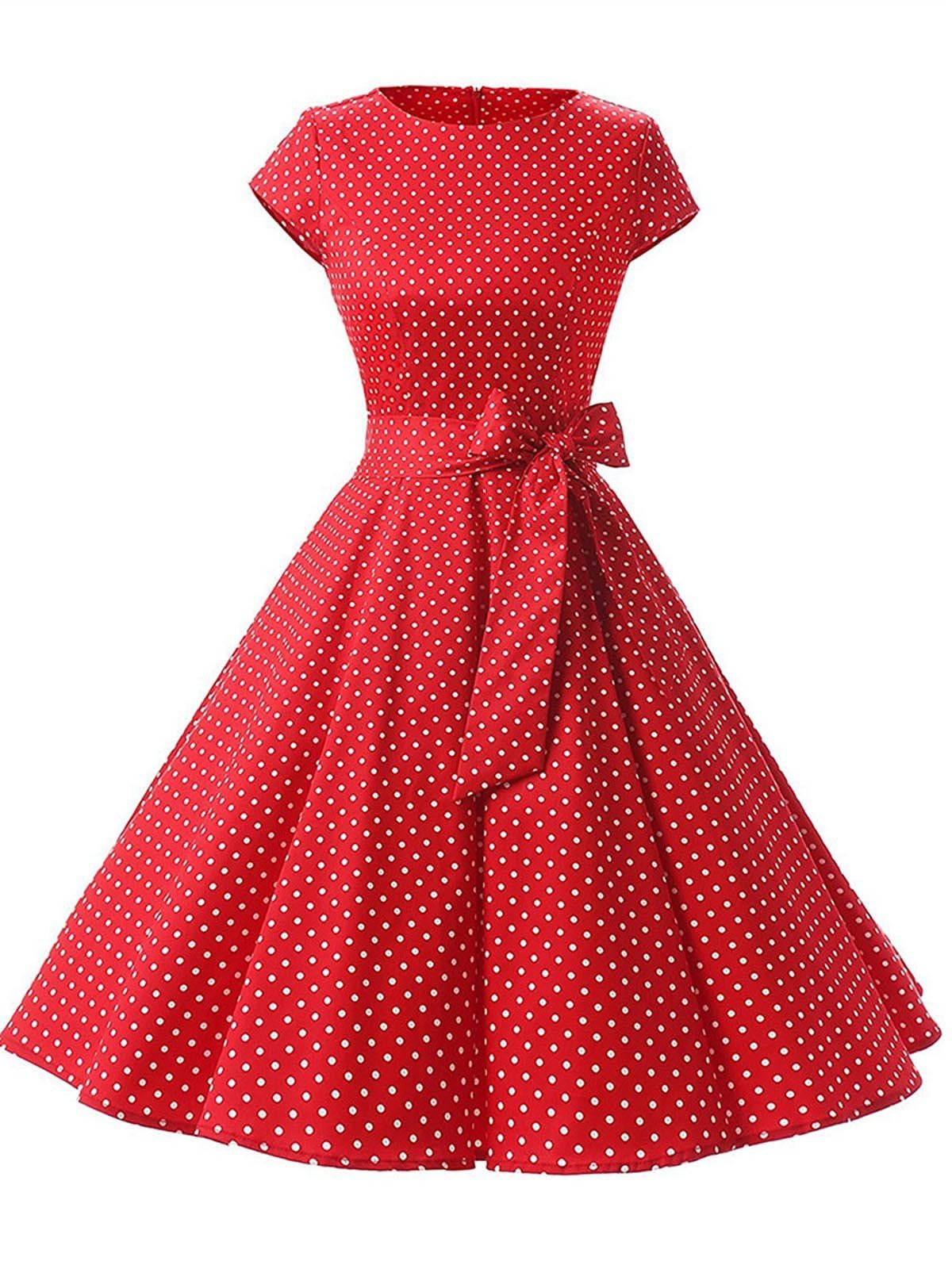 Голубое свободное платье в горошек 1950-х годов