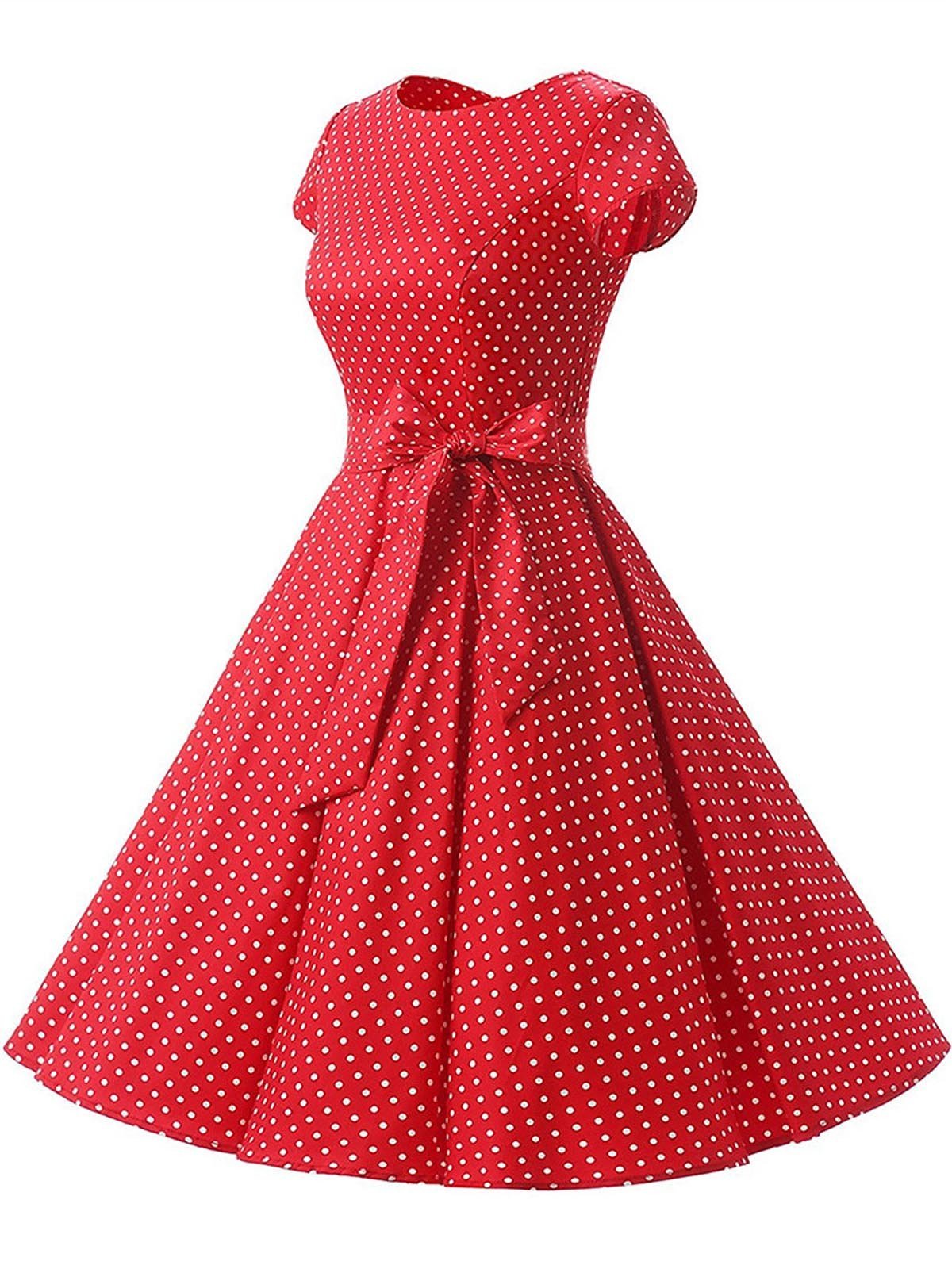 Голубое свободное платье в горошек 1950-х годов