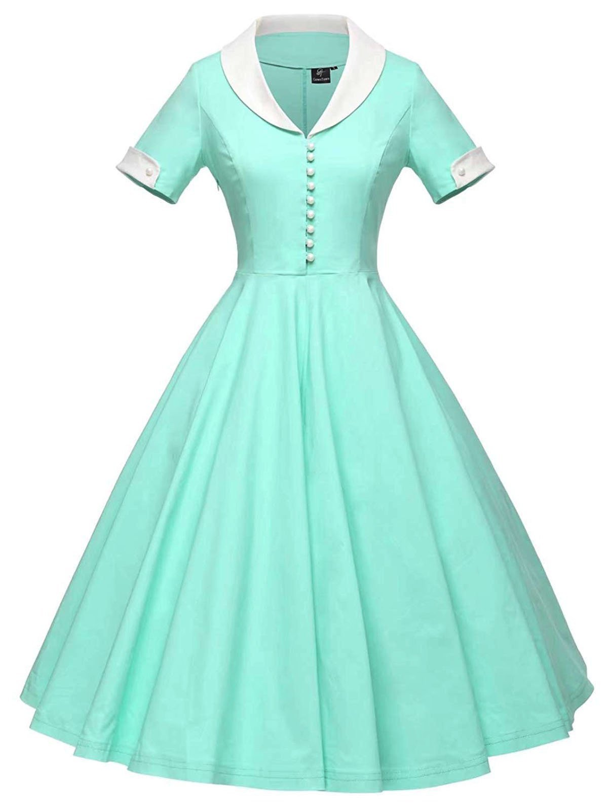 Одноцветное свободное платье 1950-х годов с отложным воротником