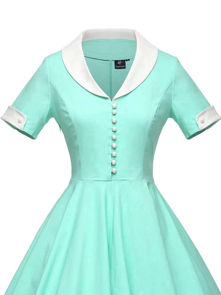 Одноцветное свободное платье 1950-х годов с отложным воротником
