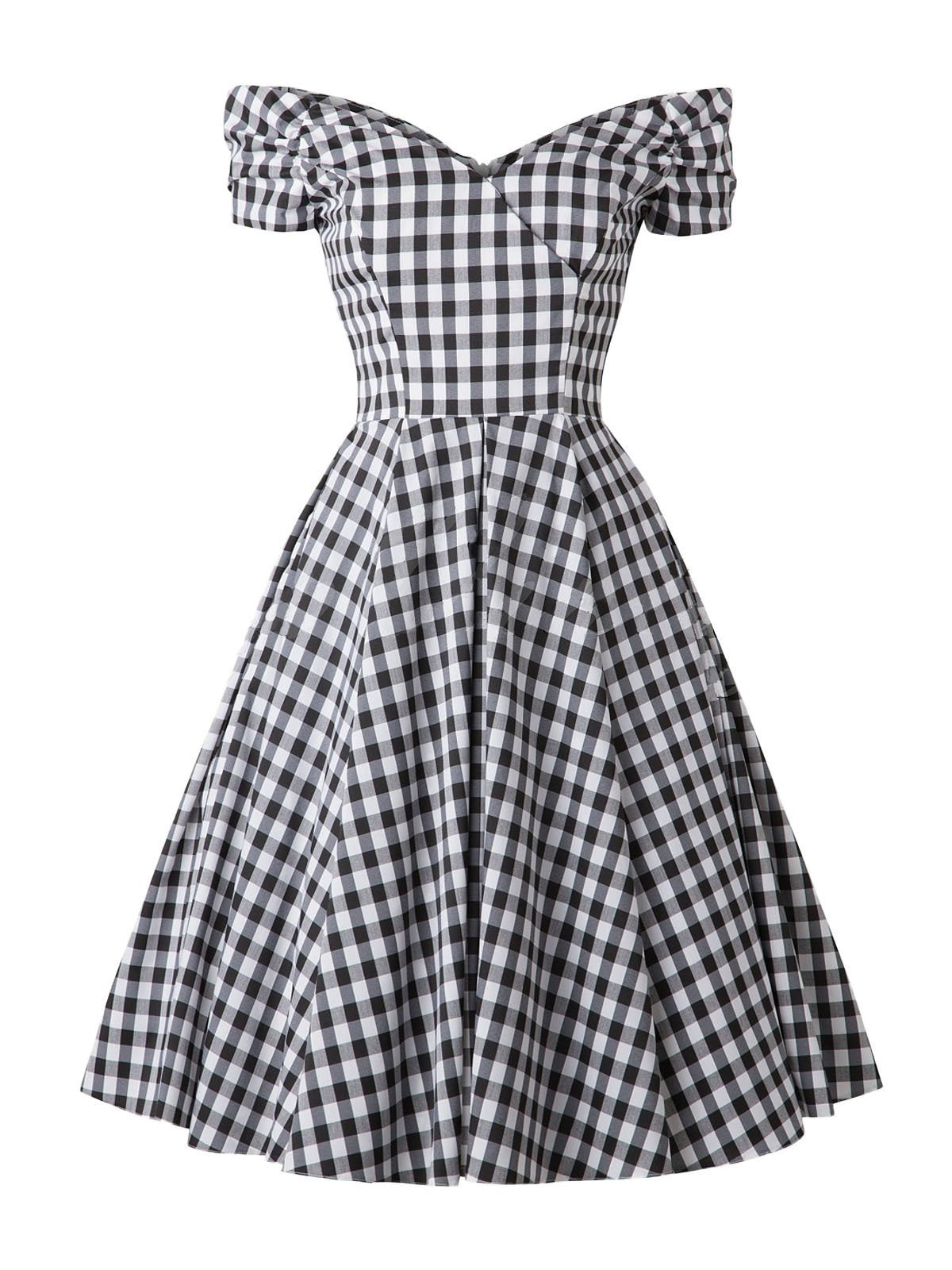 Черное свободное платье в клетку 1950-х годов