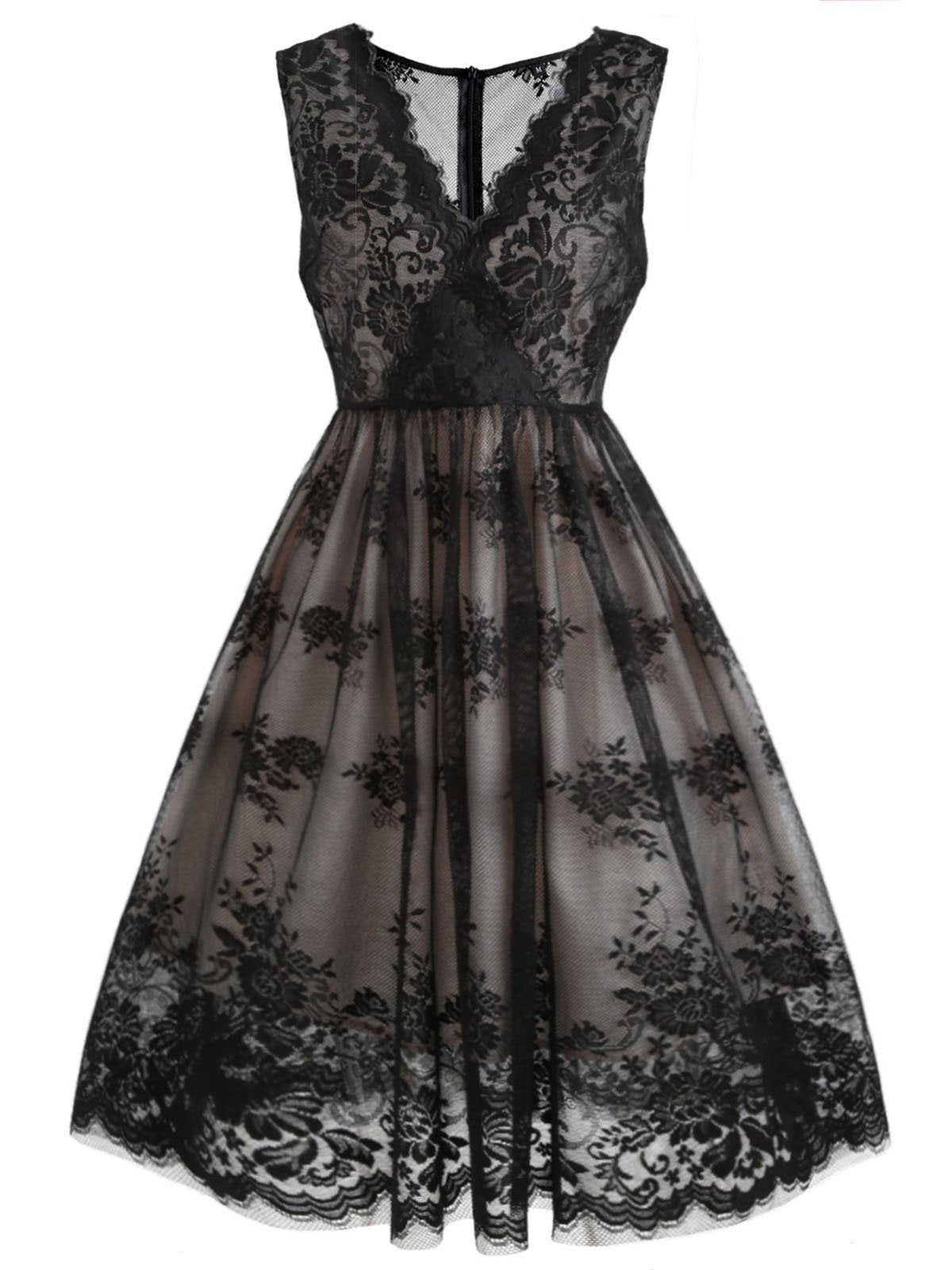 Черное свободное кружевное платье с цветочным принтом 1950-х годов
